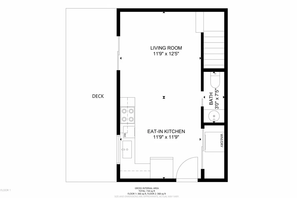 This image presents a seamless view stretching from the living room through the eat-in kitchen and out onto the deck. The arrangement highlights an open, inviting space that connects the interior with outdoor living. Natural light filters in, and the deck is visible, hinting at the tranquil leafy setting described in the section.